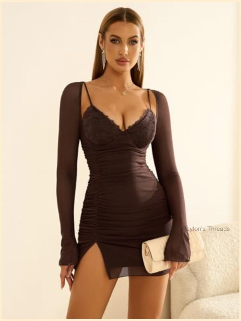 Long Sleeve V Neck Bodycon Ruched Mini Dress Club Party Going Out - Picture 2 of 7